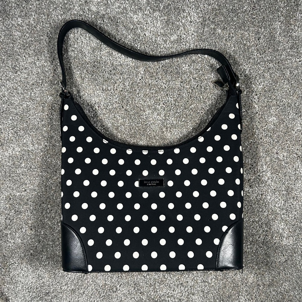 Kate Spade New York Polka Dot Canvas Hobo Shoulder Bag Black White Leather Trim